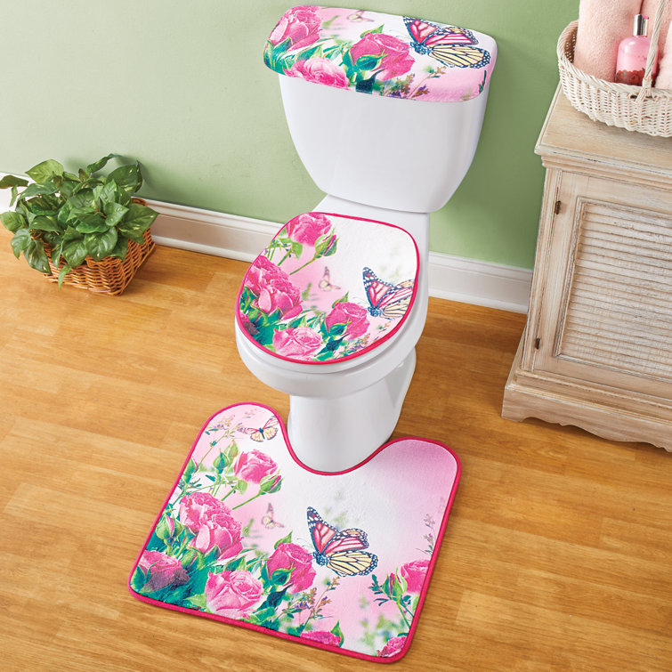 August Grove® Lovely 3Piece Butterfly Roses Bathroom Commode Set